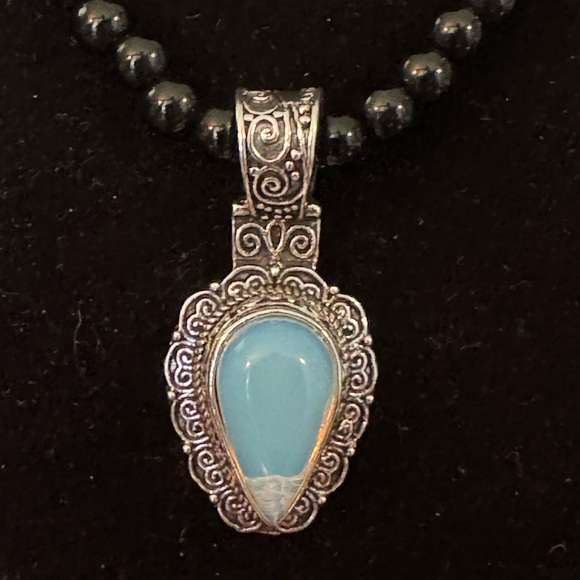 Blue Milky Opal, Simulated, Silver Plated Pendant, Black Beaded Boho Necklace - Picture 2 of 11